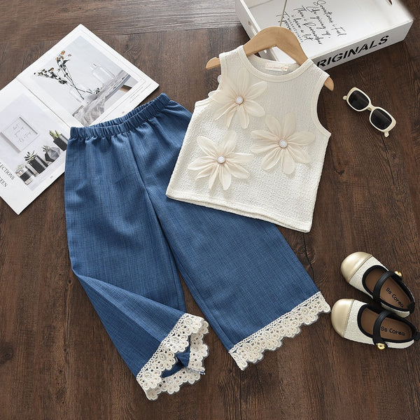 Eboo Baby Girls White 3D Floral Sleeveless Top & Blue Wide Leg Pants Co-Ord Set