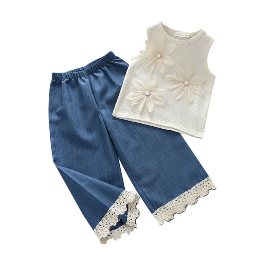 Eboo Baby Girls White 3D Floral Sleeveless Top & Blue Wide Leg Pants Co-Ord Set