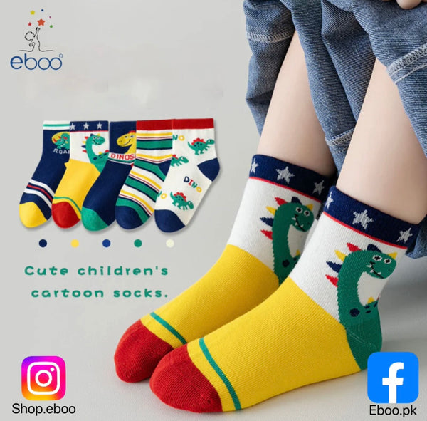 5 Pairs Kids Cartoon Dinosaur & Striped Warm Toddler Socks (Girls & Boys)