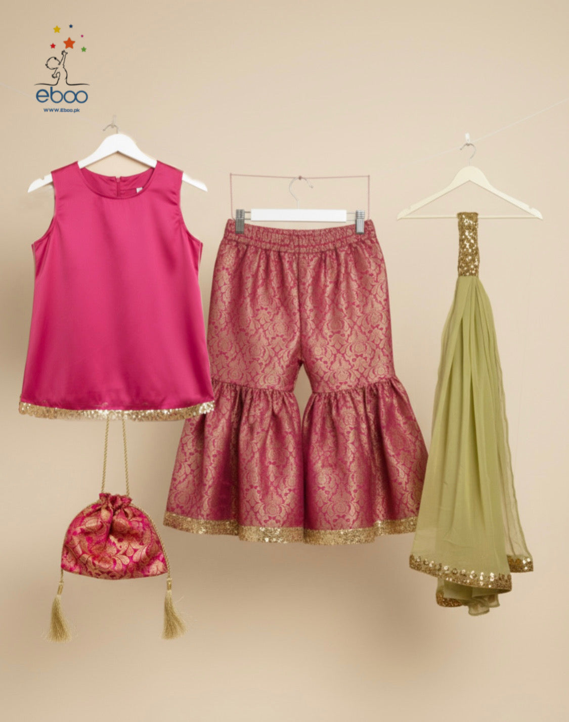Eboo Pink Girls’ Traditional 3-Piece Suit – Brocade Sharara & Olive Dupatta