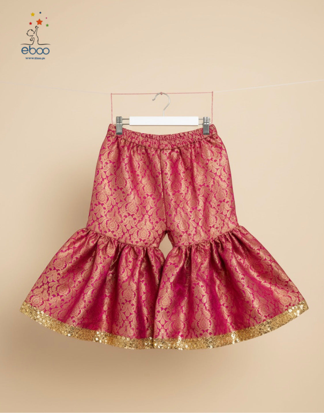 Eboo Pink Girls’ Traditional 3-Piece Suit – Brocade Sharara & Olive Dupatta