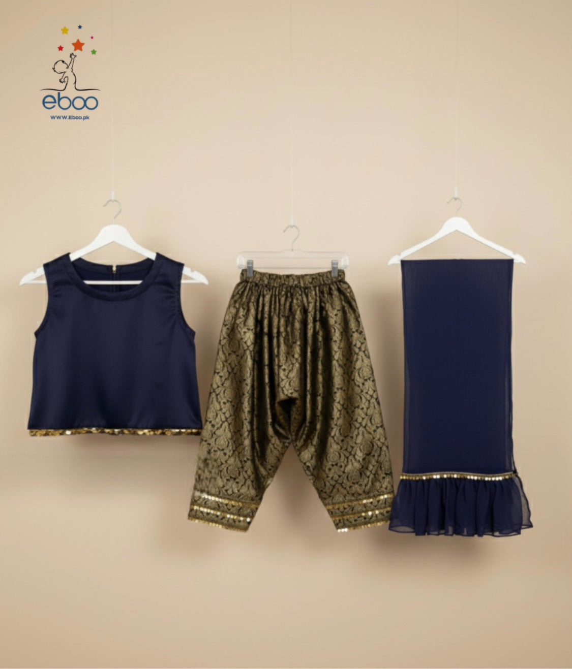 Eboo Navy Blue Girls’ Traditional Suit — Chiffon Dupatta & Brocade Pants Set
