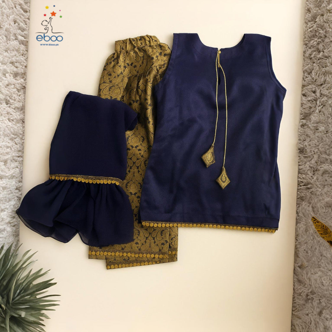 Eboo Navy Blue Girls’ Traditional Suit — Chiffon Dupatta & Brocade Pants Set
