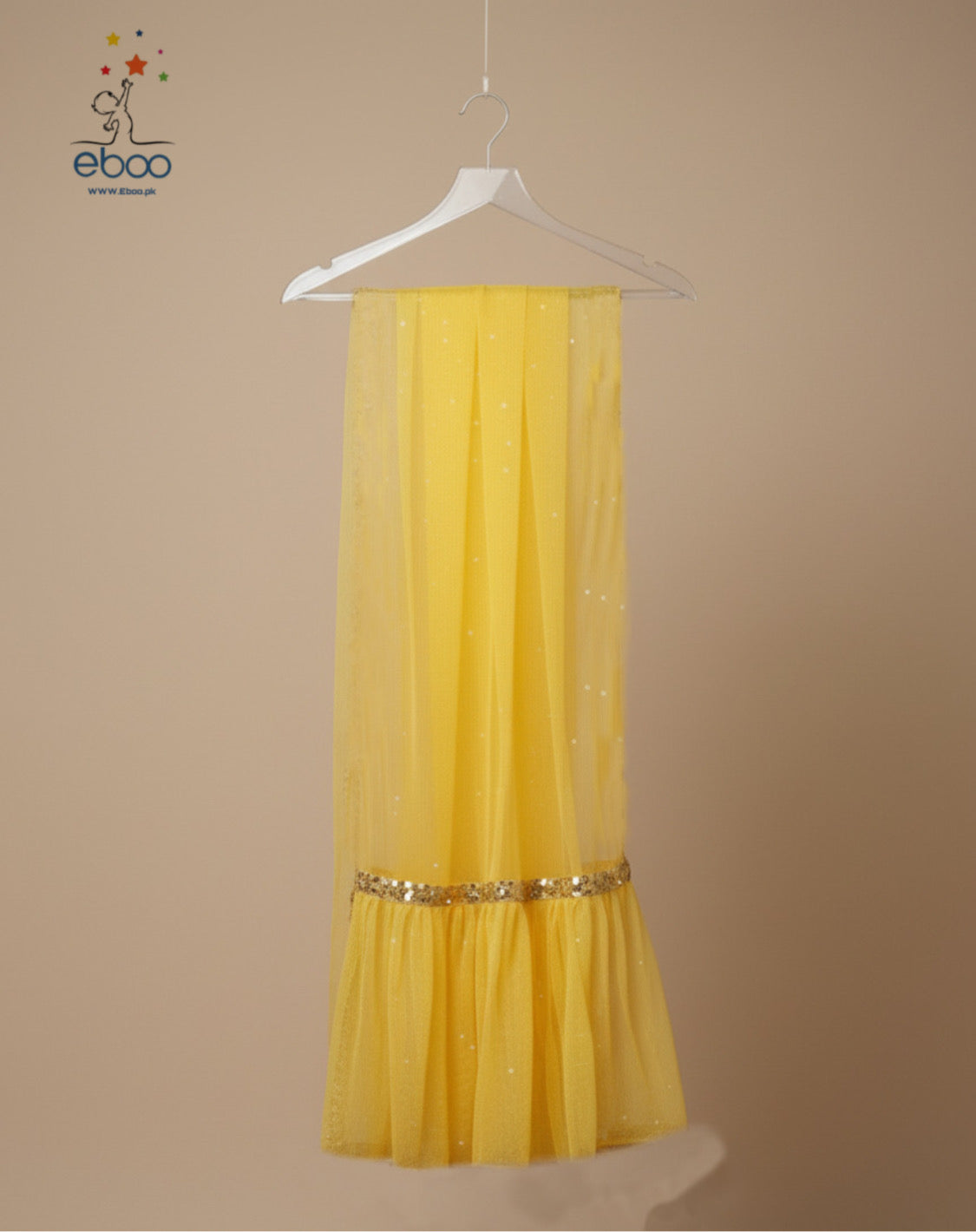 Eboo Golden Mustard Girls’ Traditional 3-Piece Suit – Brocade Skirt, Satin Top & Sheer Dupatta