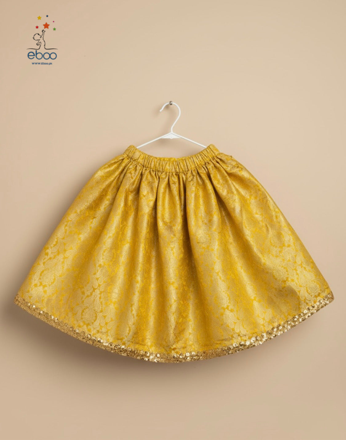 Eboo Golden Mustard Girls’ Traditional 3-Piece Suit – Brocade Skirt, Satin Top & Sheer Dupatta