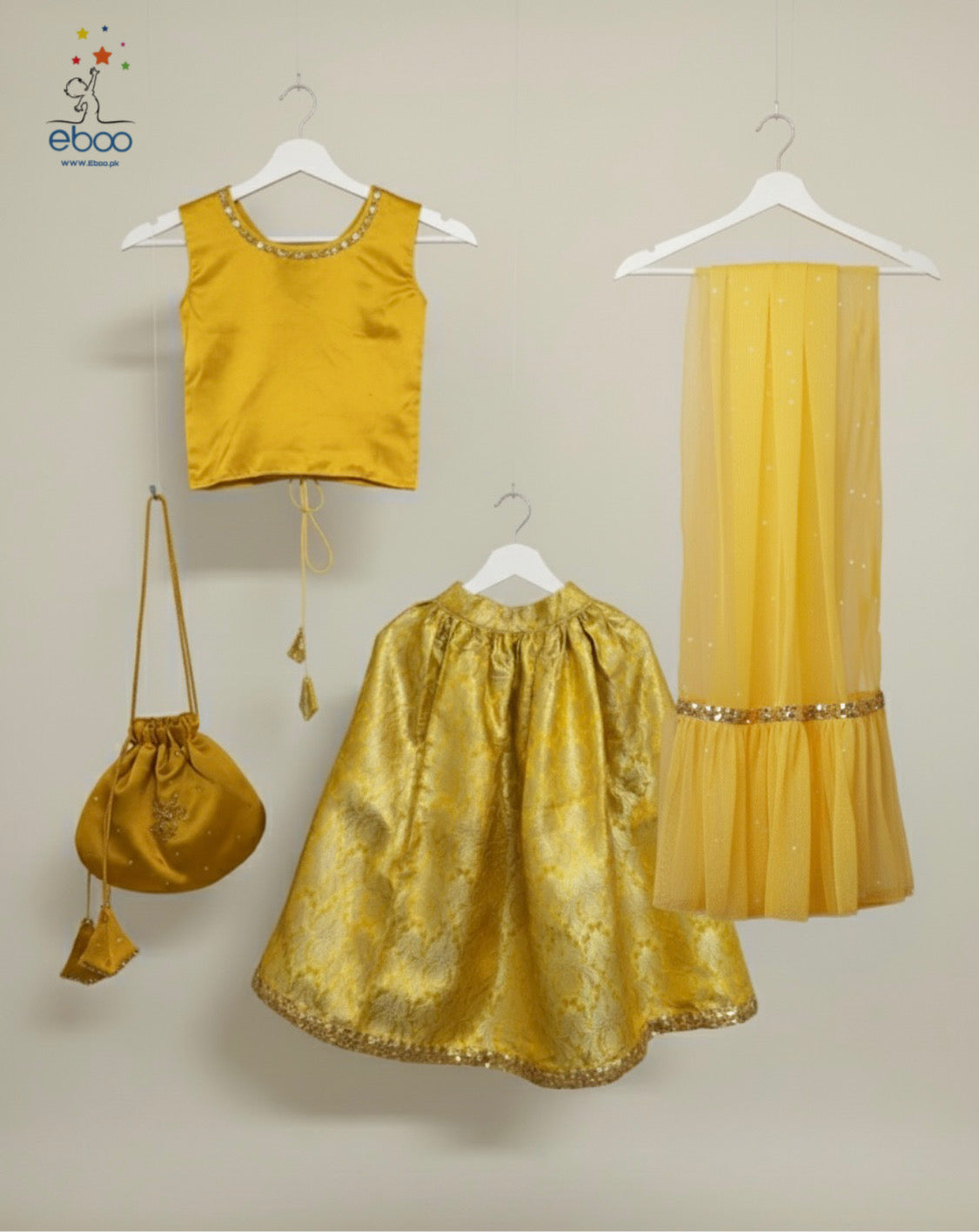 Eboo Golden Mustard Girls’ Traditional 3-Piece Suit – Brocade Skirt, Satin Top & Sheer Dupatta
