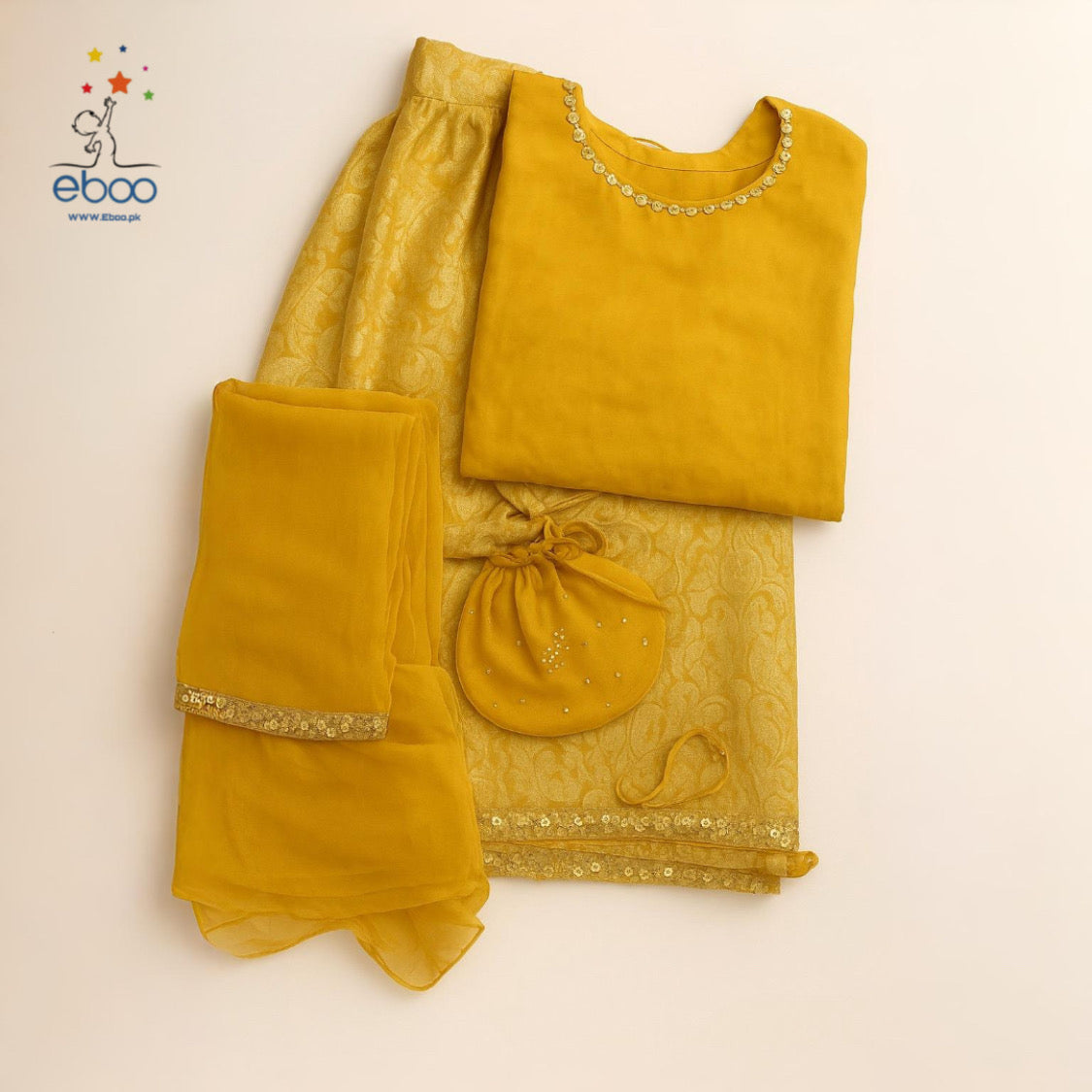 Eboo Golden Mustard Girls’ Traditional 3-Piece Suit – Brocade Skirt, Satin Top & Sheer Dupatta