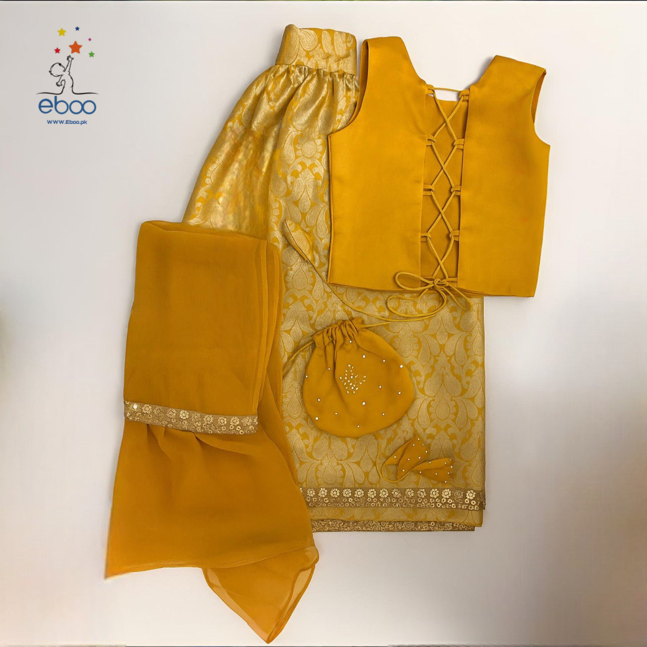 Eboo Golden Mustard Girls’ Traditional 3-Piece Suit – Brocade Skirt, Satin Top & Sheer Dupatta