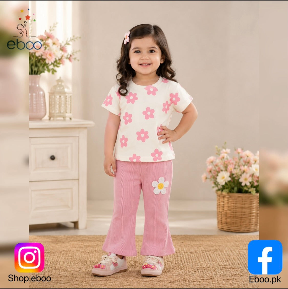 Eboo Baby Girls Pink Floral Print T-Shirt & Ribbed Flared Pants Co-Ord Set