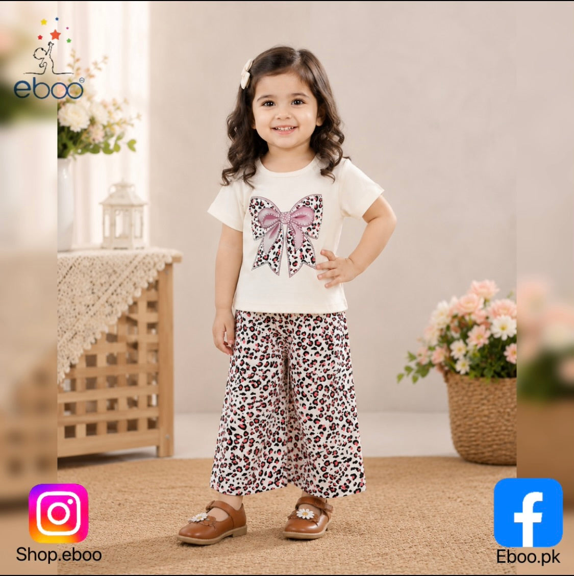 Eboo Baby Girls Bow Print T-Shirt & Leopard Print Flared Pants Co-Ord Set
