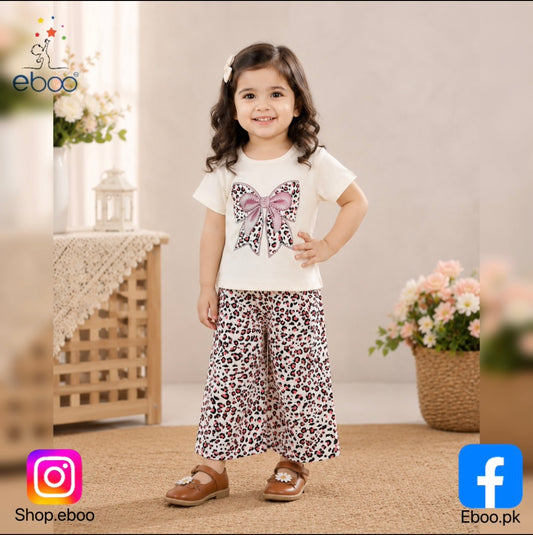 Eboo Baby Girls Bow Print T-Shirt & Leopard Print Flared Pants Co-Ord Set