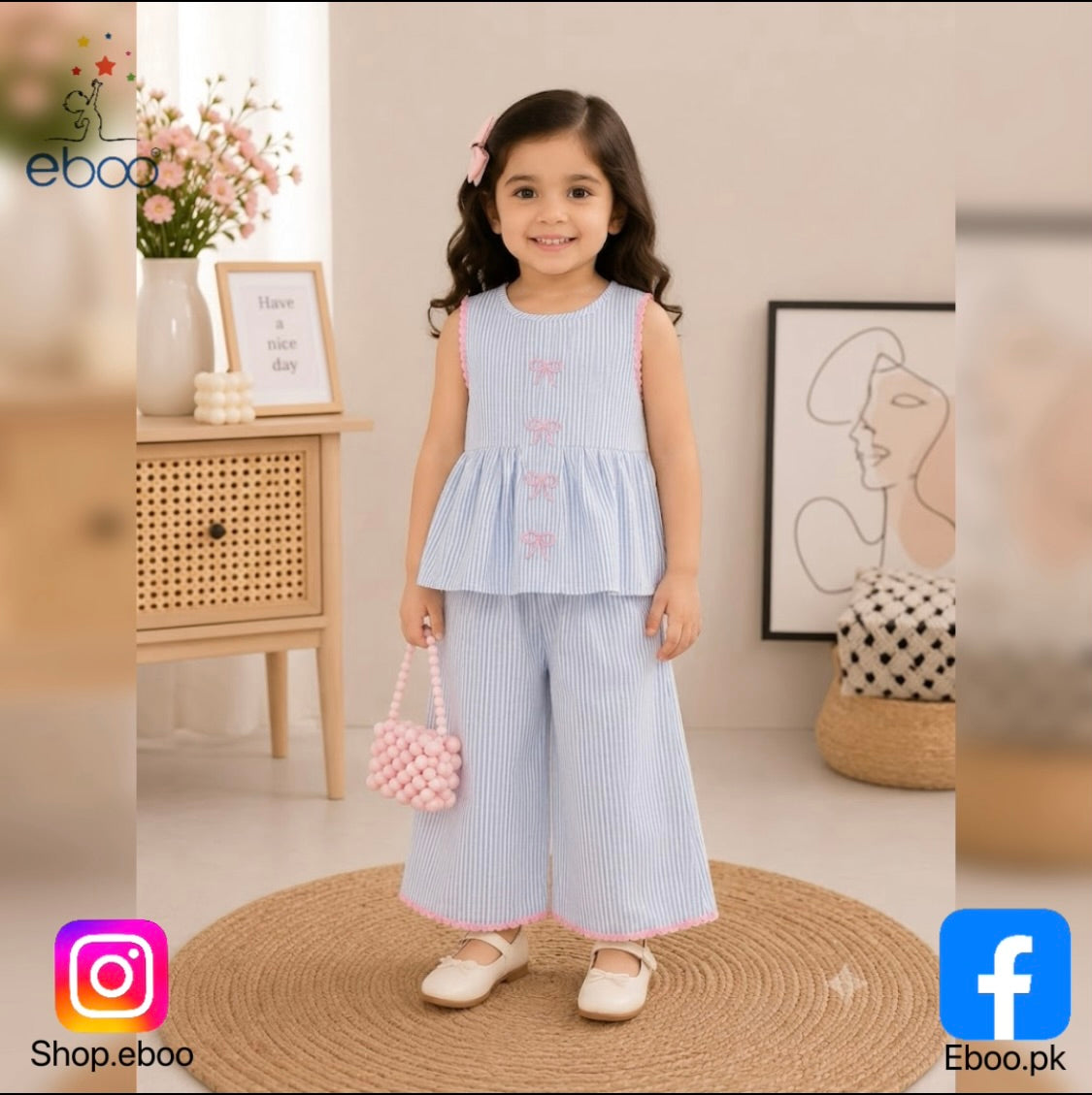 Eboo Eboo Baby Girls Blue Striped Bow Sleeveless Top & Wide Leg Pants Co-Ord Set