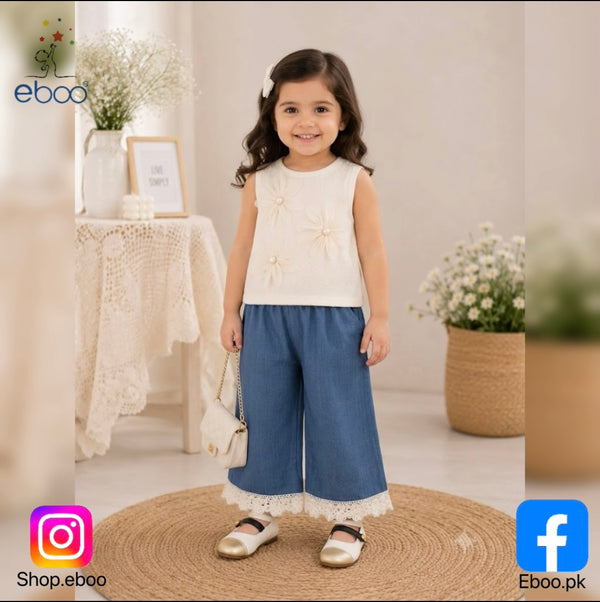 Eboo Baby Girls White 3D Floral Sleeveless Top & Blue Wide Leg Pants Co-Ord Set