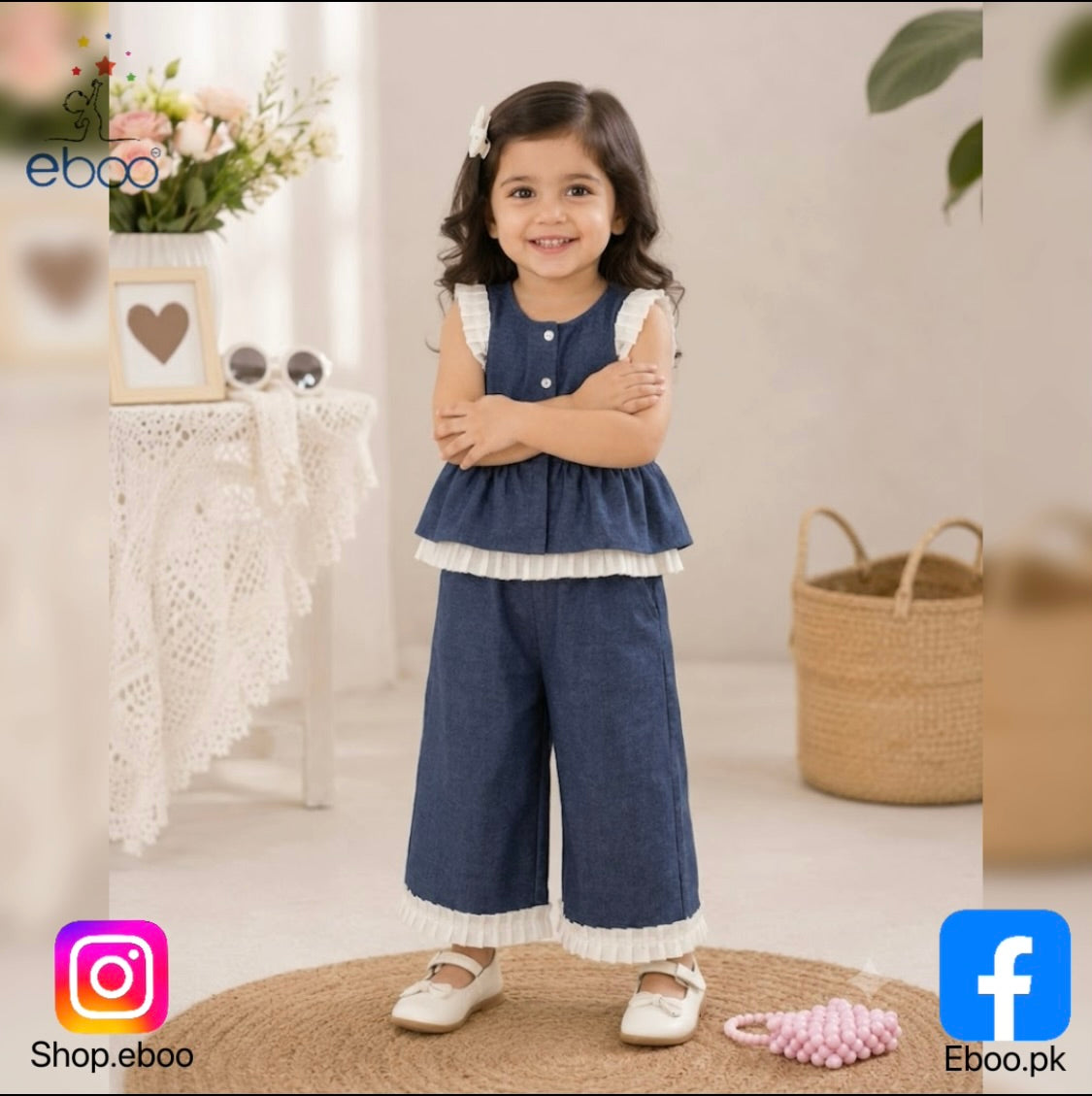 Eboo Baby Girls Denim Blue Pleated Ruffle Sleeveless Top & Wide Leg Pants Co-Ord Set