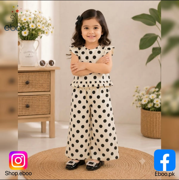 Eboo Baby Girls Black & White Polka Dot Flutter Sleeve Top & Wide Leg Pants Co-Ord Set