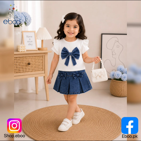 Eboo Girls Denim Bow Skirt & Ribbed Ruffle Sleeve Top 2-Piece Outfit Set