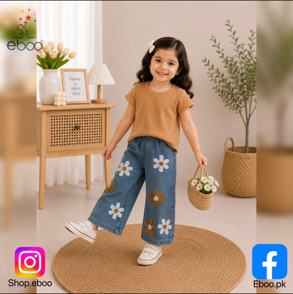 Eboo Baby Girl Floral Denim Shorts Set Ã¢?? Ribbed Cotton T-Shirt & Embroidered Flower Denim Shorts (2-Piece Outfit)