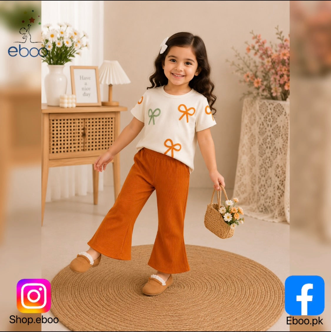 Eboo Baby Girl Bow Applique Summer Outfit – 2-Piece T-Shirt & Flared Pants Set