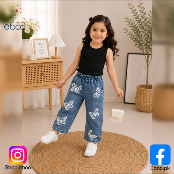 Eboo Baby Girl Butterfly Denim Outfit Ã¢?? Ribbed Sleeveless Top & Butterfly Print Jeans (2-Piece Set)