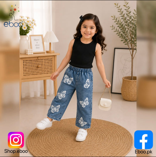 Eboo Baby Girl Butterfly Denim Outfit – Ribbed Sleeveless Top & Butterfly Print Jeans (2-Piece Set)