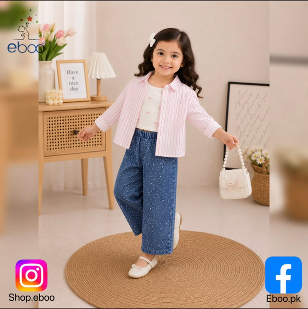 Eboo Baby Girl 3-Piece Fashion Outfit Ã¢?? Striped Shirt, Ribbed Bow Tank Top & Rhinestone Denim Pants Set