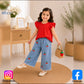 Eboo Baby Girl Cherry Denim Outfit – Ruffle Sleeve Top & Embroidered Wide-Leg Jeans (2-Piece Set)