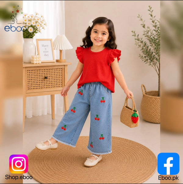 Eboo Baby Girl Cherry Denim Outfit Ã¢?? Ruffle Sleeve Top & Embroidered Wide-Leg Jeans (2-Piece Set)