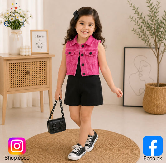 Eboo Baby Girl 2-Piece Ribbed Romper with Pink Denim Vest – Trendy Summer Outfit Set