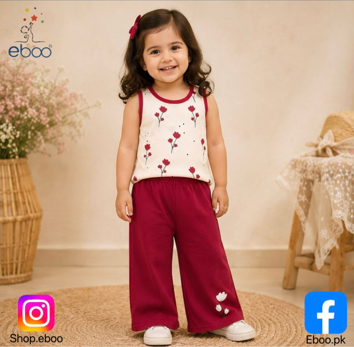 Eboo Baby Girls Floral Sleeveless Top & Wide Leg Pants 2-Piece Summer Outfit Set – Soft Casual Dress