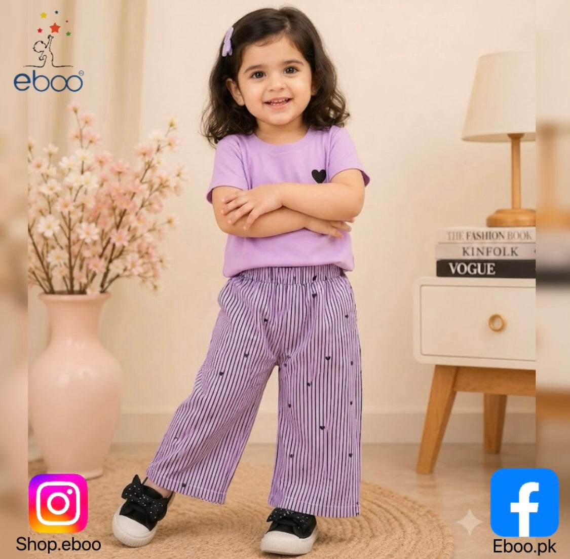 Eboo Baby Girls Lavender Heart T-Shirt & Striped Wide Leg Pants Co-Ord Set
