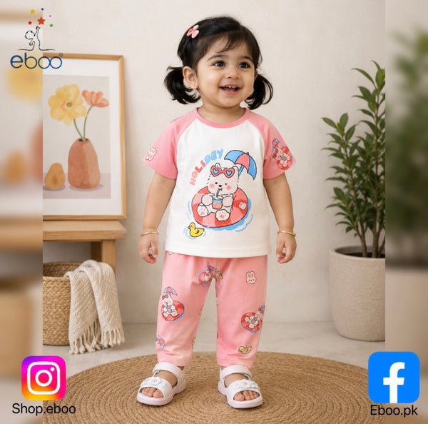 Eboo Baby Girl Holiday Bear Print Summer T-Shirt & Pants 2-Piece Outfit Set