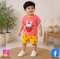 Eboo Kids Cute Bunny & Strawberry Summer T-Shirt & Shorts 2-Piece Outfit Set Unisex