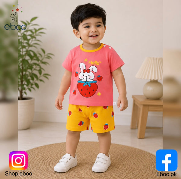 Eboo Kids Cute Bunny & Strawberry Summer T-Shirt & Shorts 2-Piece Outfit Set Unisex