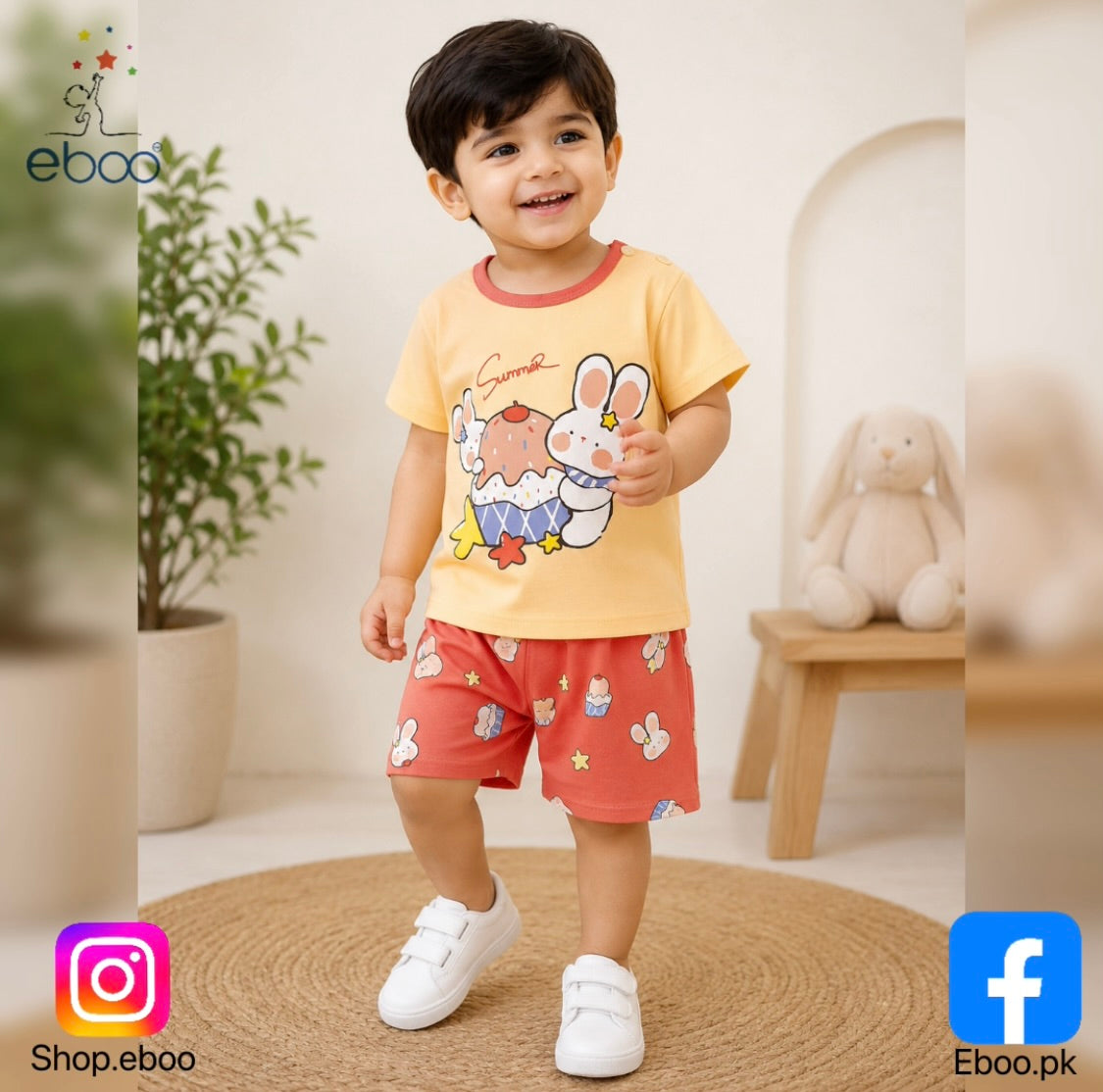 Eboo Kids Cute Bunny Print Summer T-Shirt & Shorts 2-Piece Outfit Set Unisex