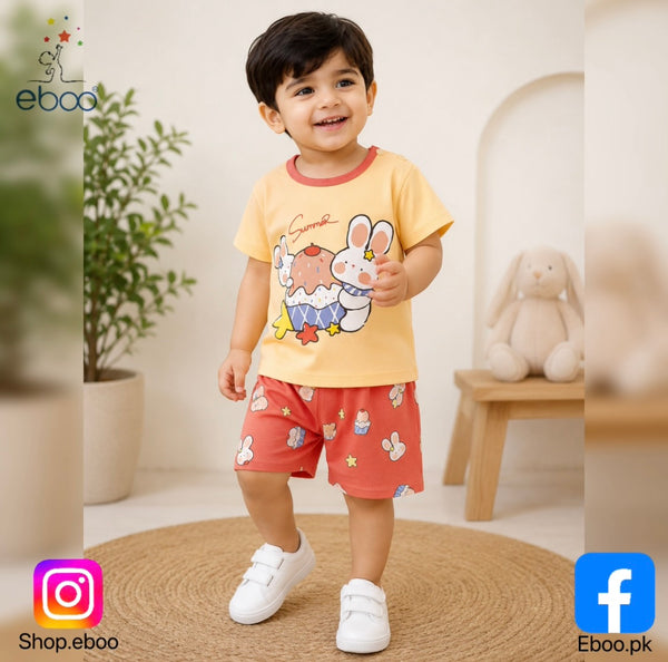 Eboo Kids Cute Bunny Print Summer T-Shirt & Shorts 2-Piece Outfit Set Unisex