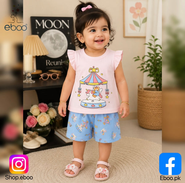 Eboo Baby Girl Summer Cotton 2-Piece Outfit Ã¢?? Pink Carousel Unicorn Sleeveless Top & Printed Shorts Set