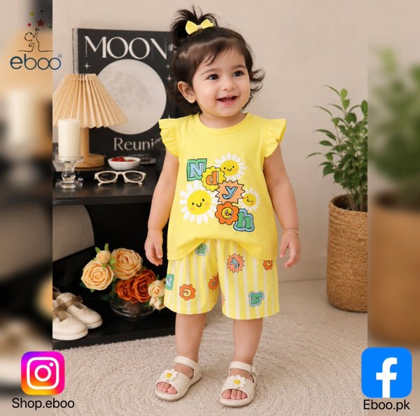 Eboo Baby Girl Summer Cotton 2-Piece Outfit Ã¢?? Yellow Daisy Sleeveless Top & Striped Shorts Set