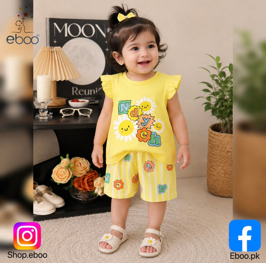 Eboo Baby Girl Summer Cotton 2-Piece Outfit – Yellow Daisy Sleeveless Top & Striped Shorts Set