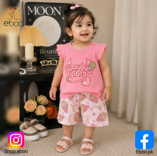 Eboo Baby Girl Summer Cotton 2-Piece Outfit Ã¢?? Pink "Succuby Vibes" Sleeveless Top & Printed Shorts Set