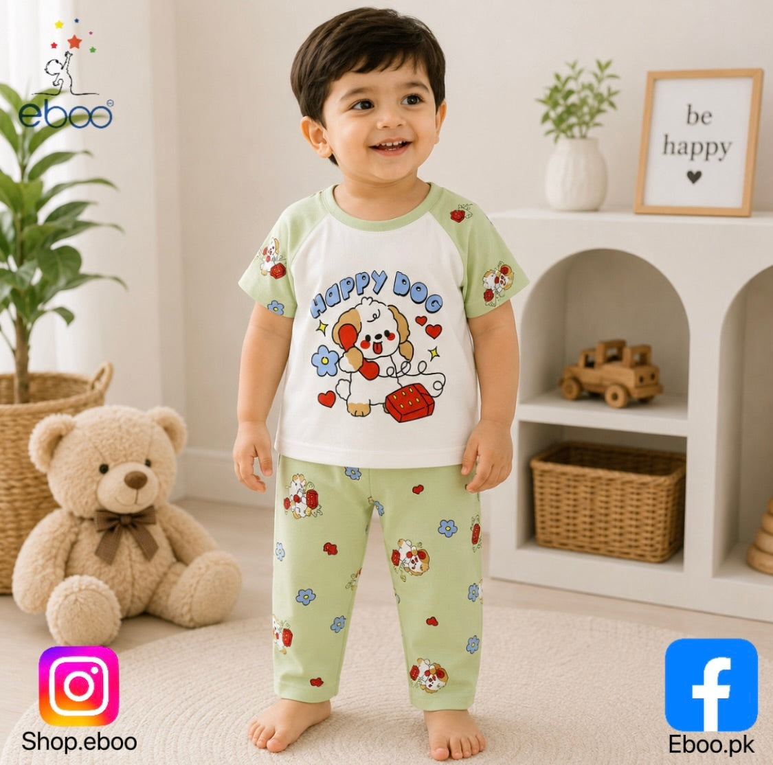 Eboo Unisex Baby Happy Dog Summer Cotton T-Shirt & Shorts Set | Soft 2-Piece Outfit for Boys & Girls