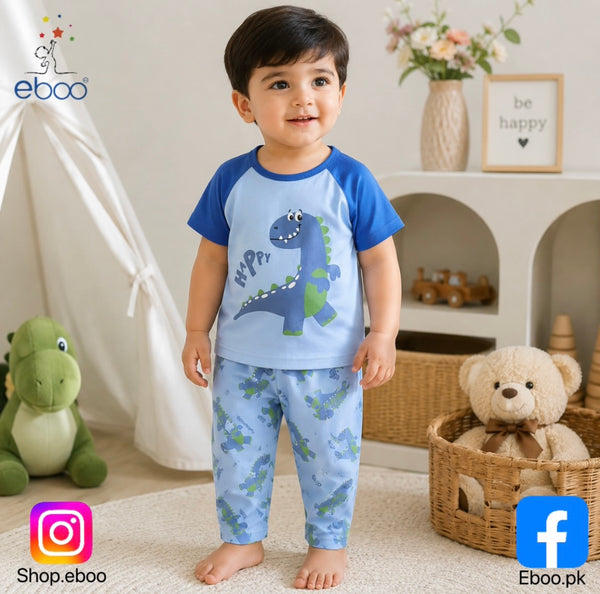 Eboo Boys' 2-Piece Happy Dinosaur Pajama Set Ã¢?? Short-Sleeve Raglan T-Shirt & All-Over Print Sleepwear Pants