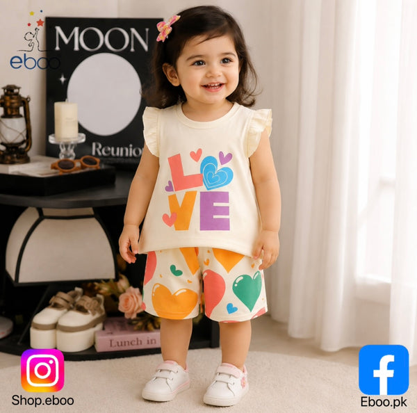 Eboo Baby Girl Love Heart Summer Cotton T-Shirt & Shorts Set | Cute 2-Piece Outfit