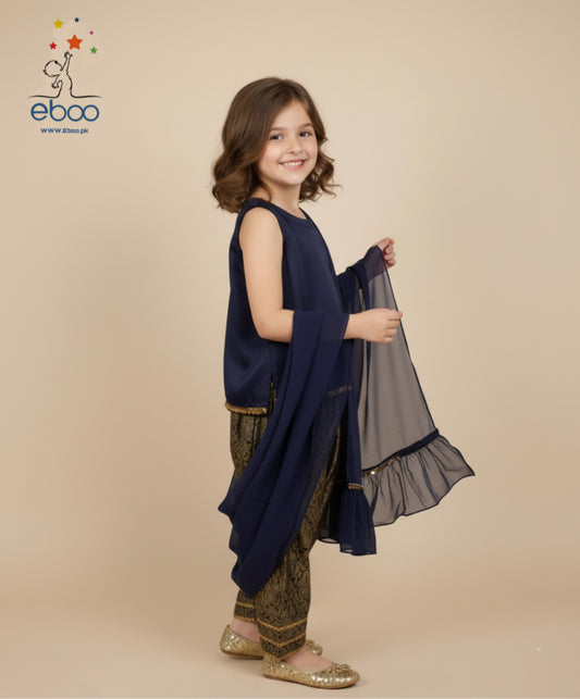 Eboo Navy Blue Girls’ Traditional Suit — Chiffon Dupatta & Brocade Pants Set