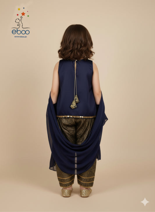 Eboo Navy Blue Girls’ Traditional Suit — Chiffon Dupatta & Brocade Pants Set