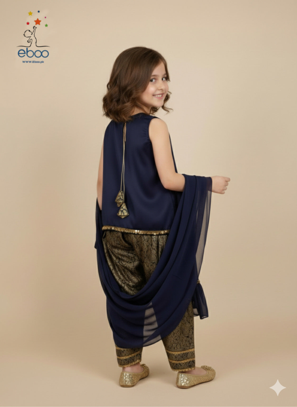 Eboo Navy Blue Girls’ Traditional Suit — Chiffon Dupatta & Brocade Pants Set