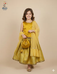 Eboo Golden Mustard Girls’ Traditional 3-Piece Suit – Brocade Skirt, Satin Top & Sheer Dupatta