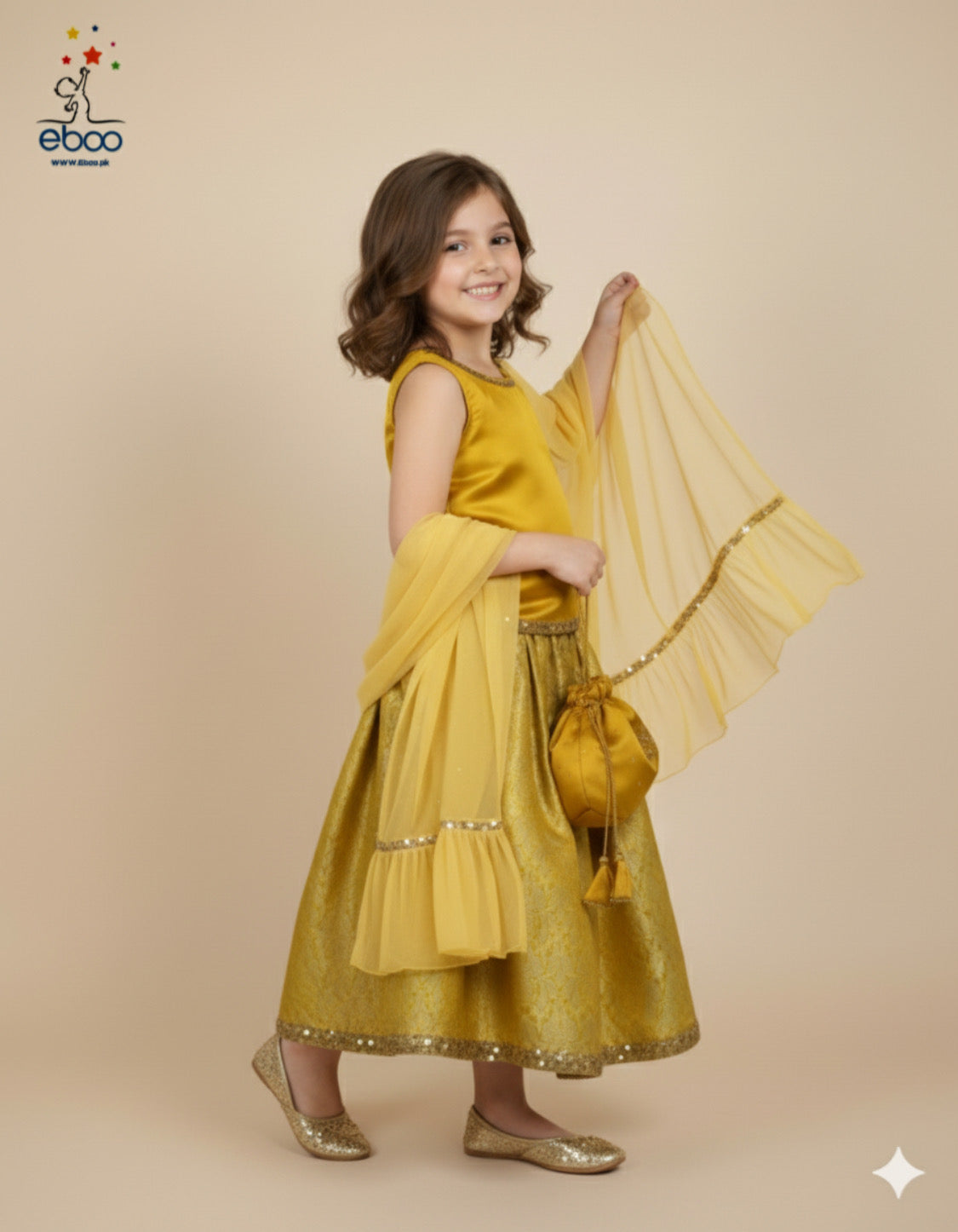 Eboo Golden Mustard Girls’ Traditional 3-Piece Suit – Brocade Skirt, Satin Top & Sheer Dupatta