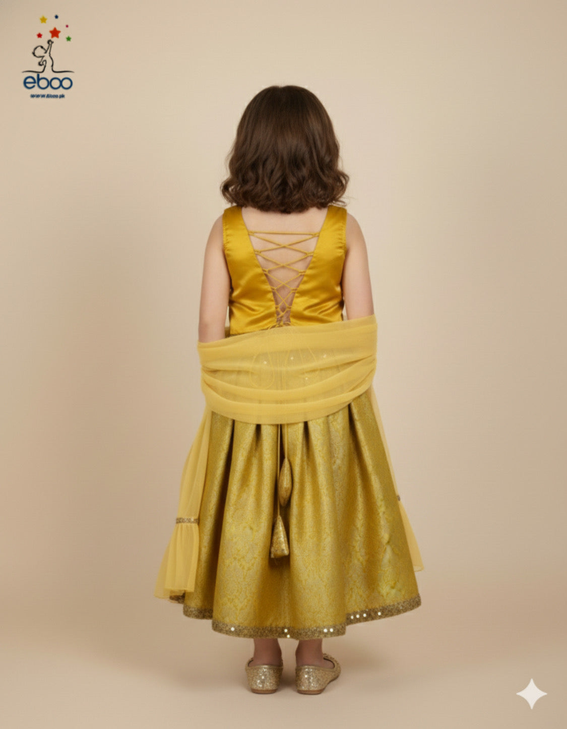 Eboo Golden Mustard Girls’ Traditional 3-Piece Suit – Brocade Skirt, Satin Top & Sheer Dupatta
