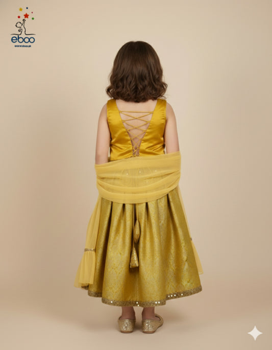 Eboo Golden Mustard Girls’ Traditional 3-Piece Suit – Brocade Skirt, Satin Top & Sheer Dupatta