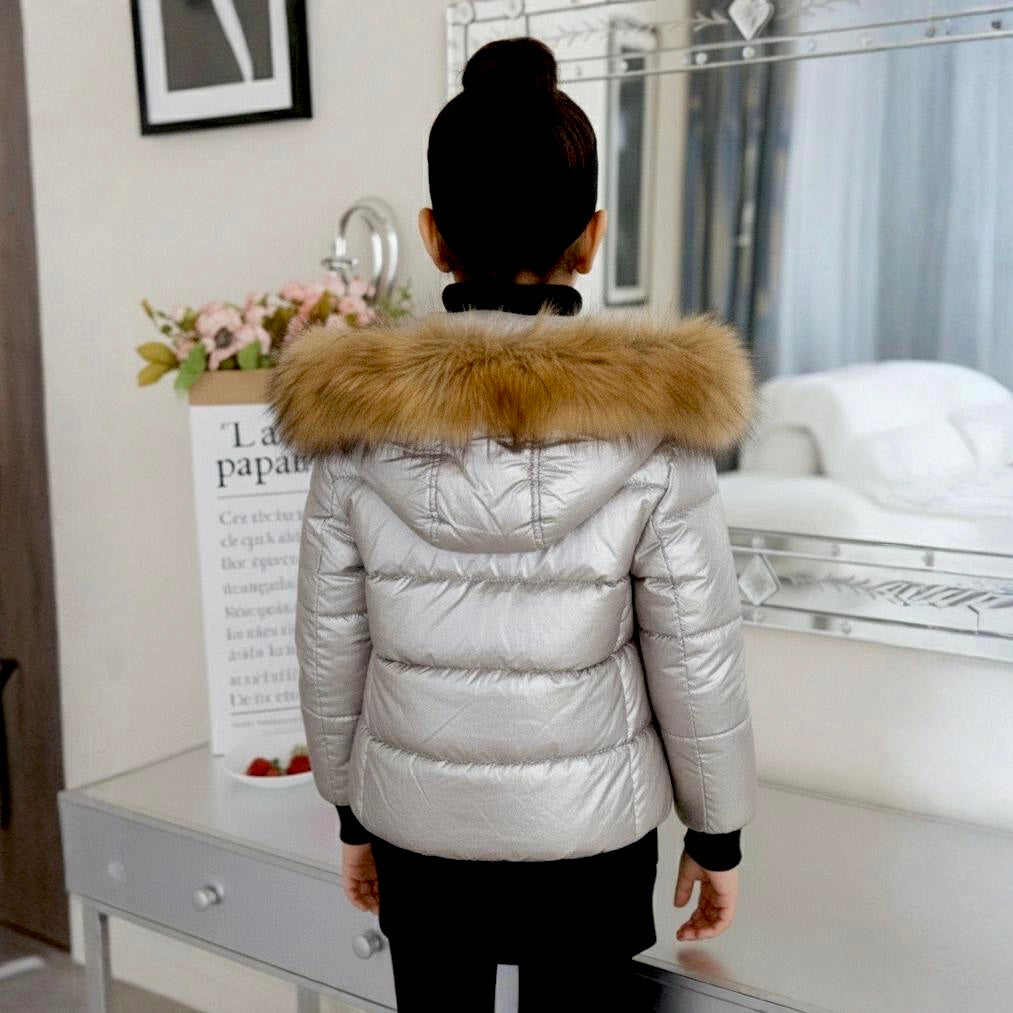 Eboo Kids Metallic Winter Fur Hood Coat Warm & Stylish Puffer Jacket (silver)